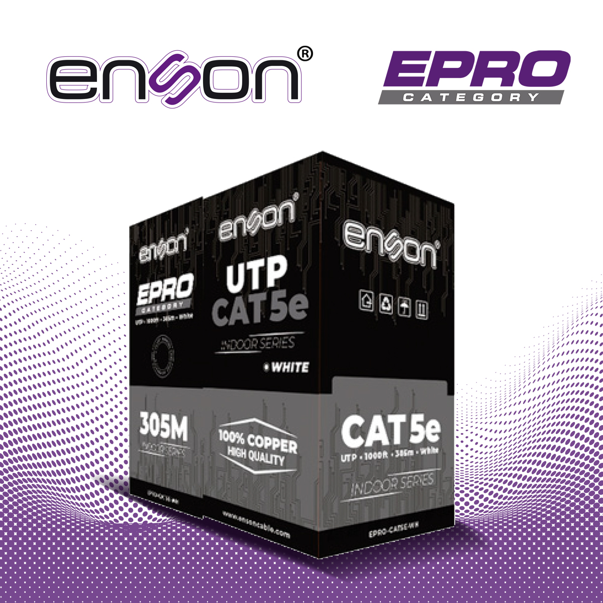CABLE UTP CAT5E BLANCO ENSON EPRO-CAT5E-WH / FORRO PVC CM / 4 PARES / CALIBRE 24 AWG / 100% COBRE / USO INTERIOR / BOBINA 1000 PIES / 305 METROS / CERTIFICACION UL