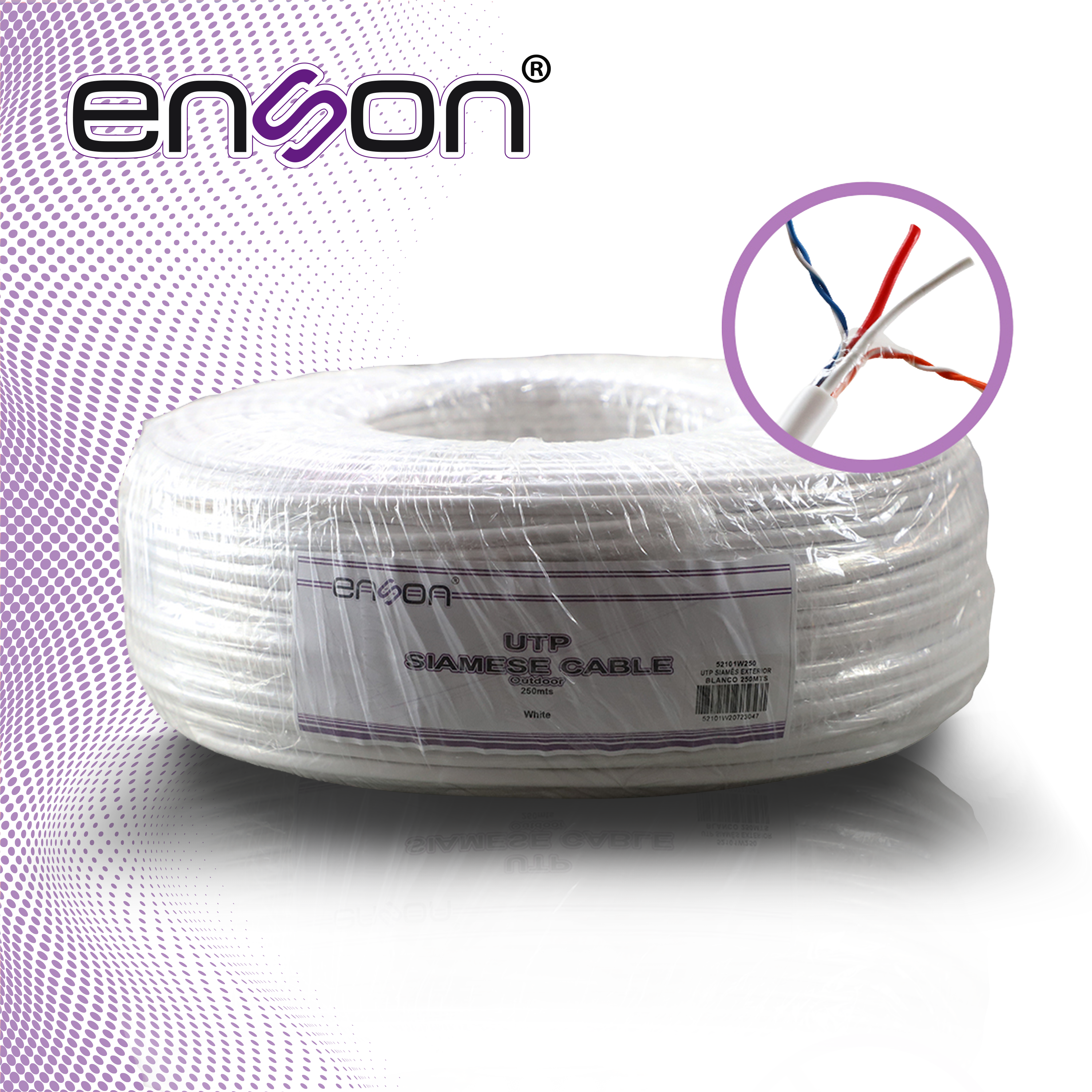 CABLE UTP SIAMES ENSON 52101W250 4C PARA DATOS Y DOS CABLES CALIBRE 18AWG (ROJO Y NEGRO) PARA ALIMENTACION, DISEÑADO PARA SU USO EN SOLUCIONES DE CCTV UNICAMENTE, BOBINA DE 250 METROS COLOR BLANCO PARA SU USO EN EXTERIOR